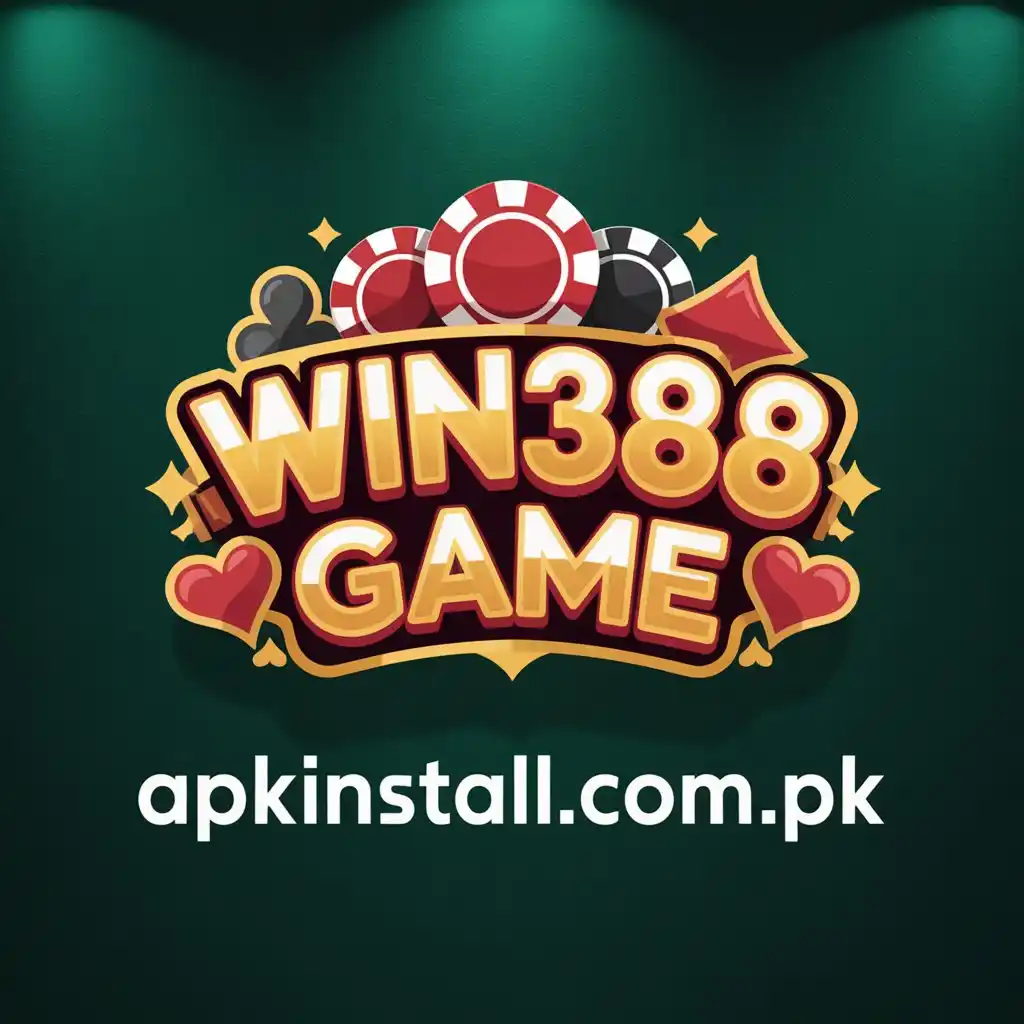 Win388 Game logo featuring gold 3D text, a roulette wheel, playing cards, and casino chips on a green gradient background with the website apkinstall.com.pk.