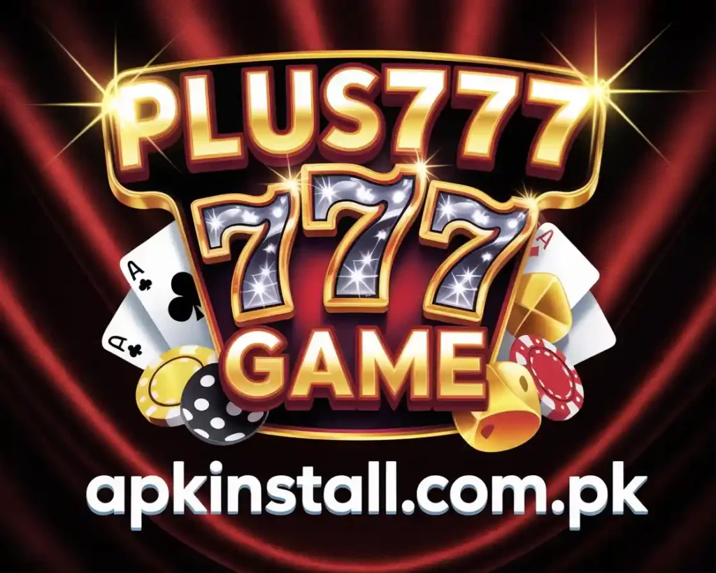Plus777 Game official banner featuring sparkling 777 typography, aces, casino chips, and dice on a luxury red curtain background.