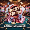 Official BET877 Game logo featuring a circular marquee sign with playing cards, 3D dice, and casino chips set against a green gaming table background with APKinstall.com.pk branding.