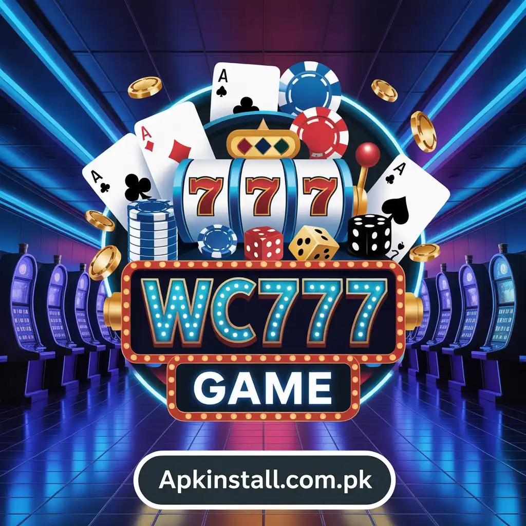 Vibrant WC777 Game digital artwork featuring a glowing slot machine with lucky 7s, playing cards, dice, and casino chips in a neon-lit gaming hall.