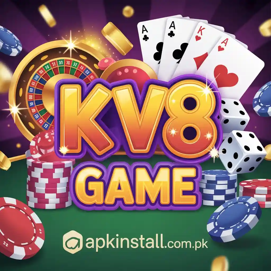 KV8 Game online casino interface featuring slot machine, poker cards, and gambling chips on a green table.