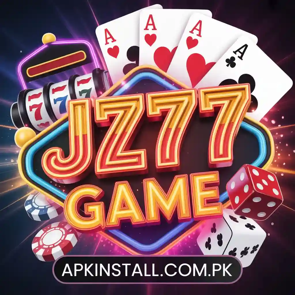 JZ777 Game promotional banner featuring 3D text, playing cards, dice, slot machine, and casino chips for APK download.