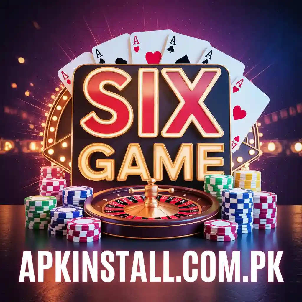 A promotional graphic for SIX GAME with bold red and gold text, featuring a detailed roulette wheel, multiple stacks of colorful poker chips, and a hand of four Ace playing cards (Hearts, Spades, Clubs, Diamonds) on a dark reflective surface. The URL apkinstall.com.pk is visible at the bottom.