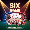 Official SIX GAME logo in 3D gold marquee letters surrounded by casino elements like flying aces, dice, and a roulette table background. Branding includes apkinstall.com.pk.