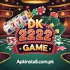 A vibrant casino-themed image for DK 222 Game featuring a slot machine, playing cards, and poker chips with the website apkinstall.com.pk.