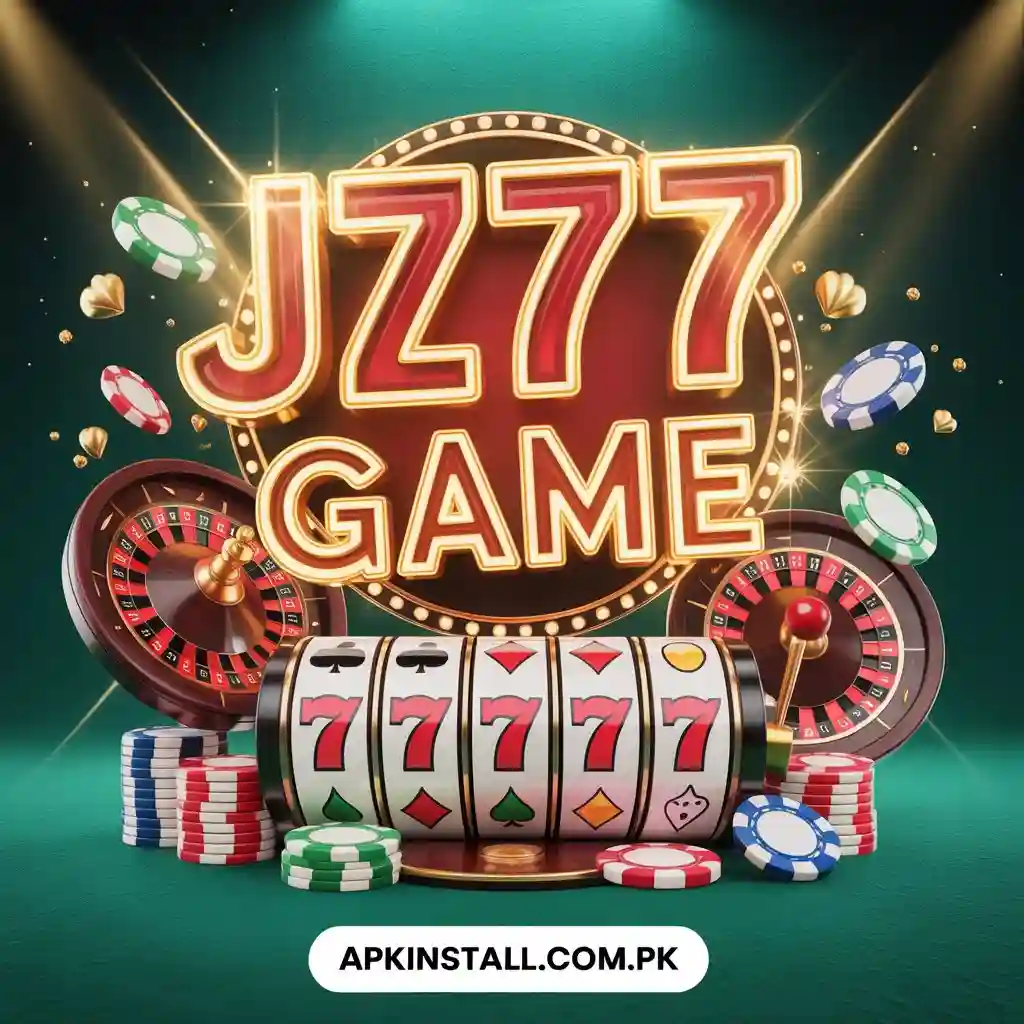 JZ777 Game promotional graphic featuring a 777 slot machine, roulette wheels, and poker chips with the APKINSTALL.COM.PK logo.