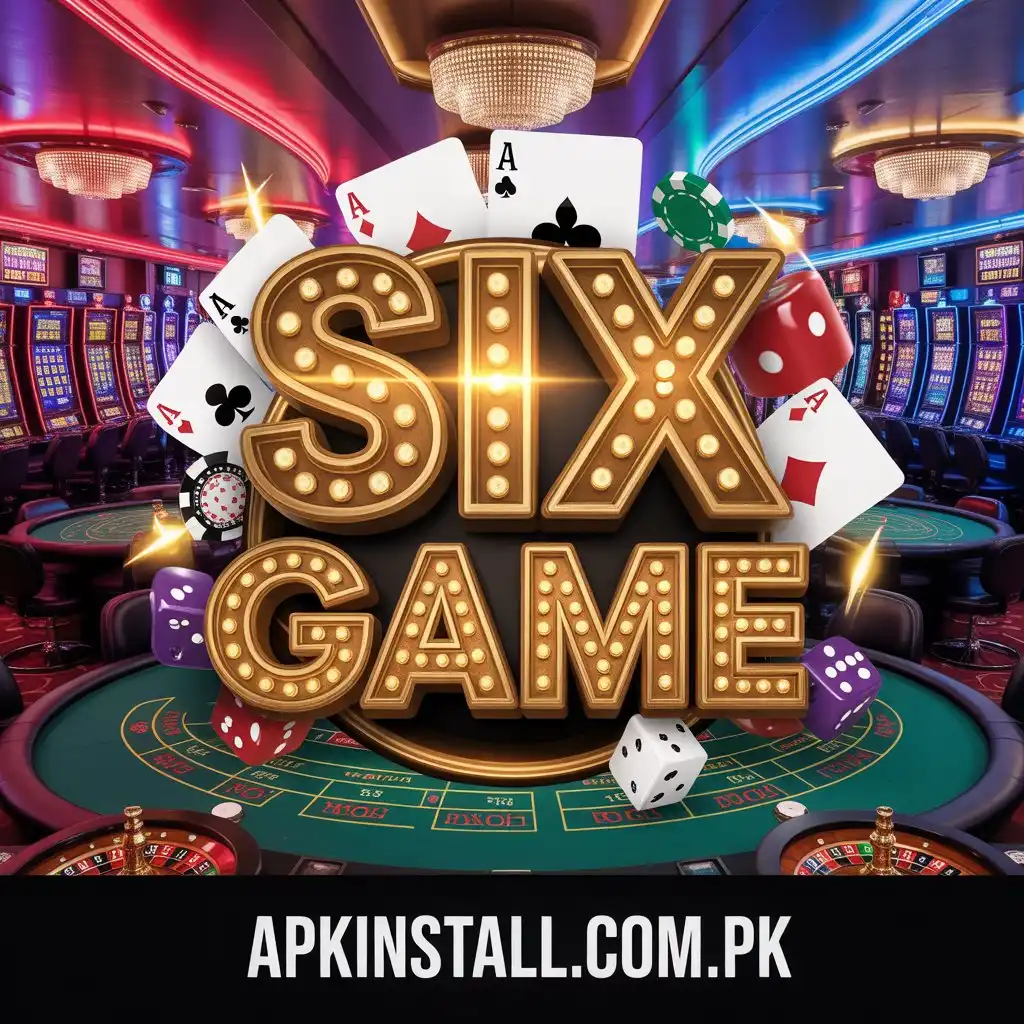 SIX GAME promotional banner featuring the logo over a luxury casino background with poker cards, dice, and slot machines. Download SIX GAME APK from apkinstall.com.pk.