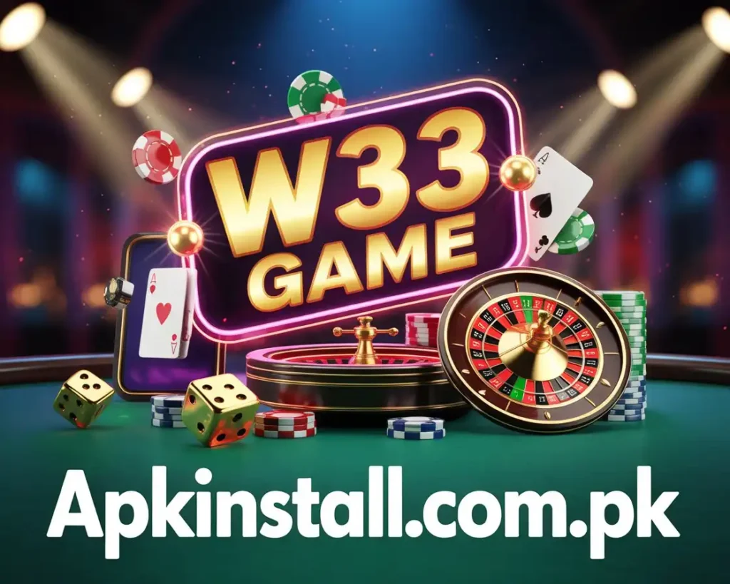 W33 Game casino app interface featuring roulette wheel, dice, and poker cards on a green table with APK download link.