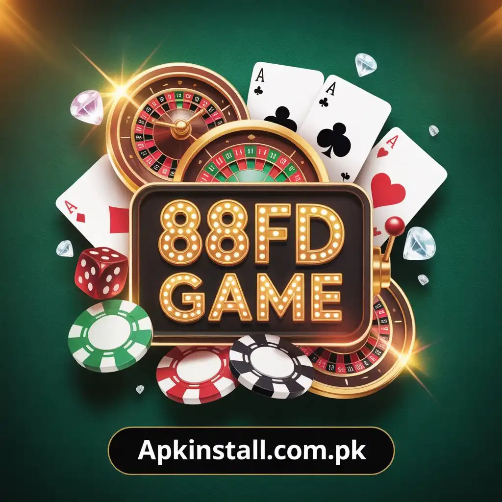 88FD Game official banner featuring roulette, poker cards, and casino chips for APK download.