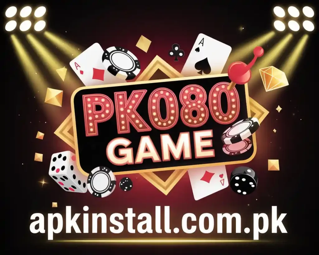 Vibrant PK080 GAME promotional banner featuring spinning slot machines, golden coins, and online casino rewards for players in Pakistan.