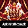 Official 663Bet Game logo featuring gold 3D text on a red circular badge with floating dice, cards, and poker chips against a red curtain background.