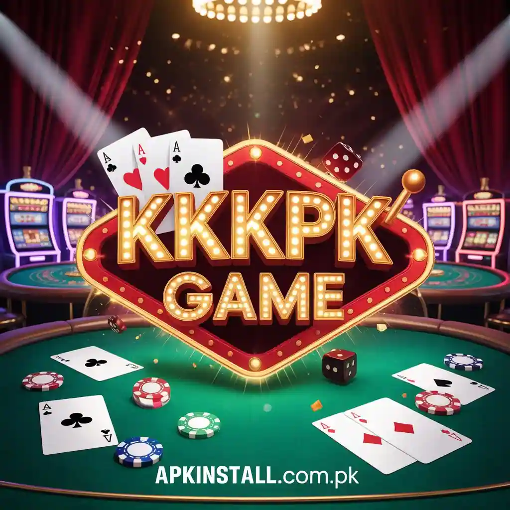 KKKPK Game logo and digital casino interface featuring playing cards, dice, and poker chips with APKINSTALL.com.pk branding.