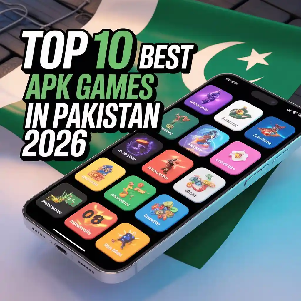 A vibrant digital poster featuring a smartphone with a grid of game icons resting on a Pakistani flag, titled "Top 10 Best APK Games in Pakistan 2026."