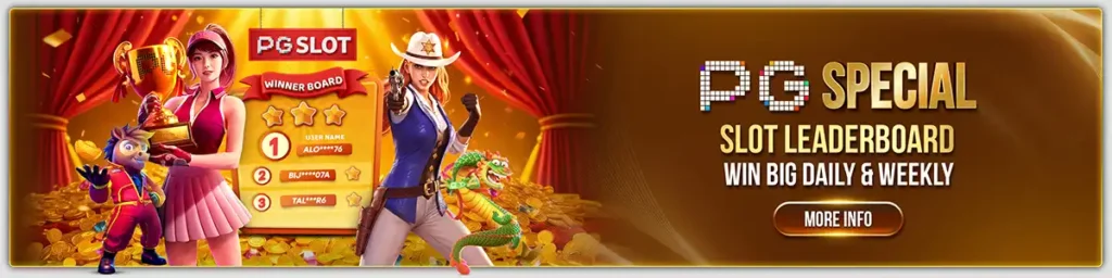 PG Special Slot Leaderboard banner featuring winner names, daily prizes, and vibrant slot game characters.