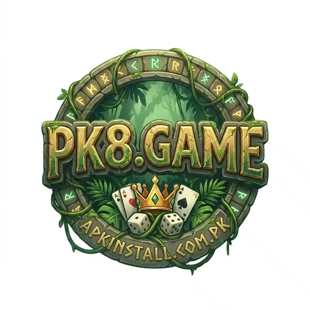 PK8.GAME logo featuring stone runes, jungle vines, playing cards, dice, and a golden crown for APK download.