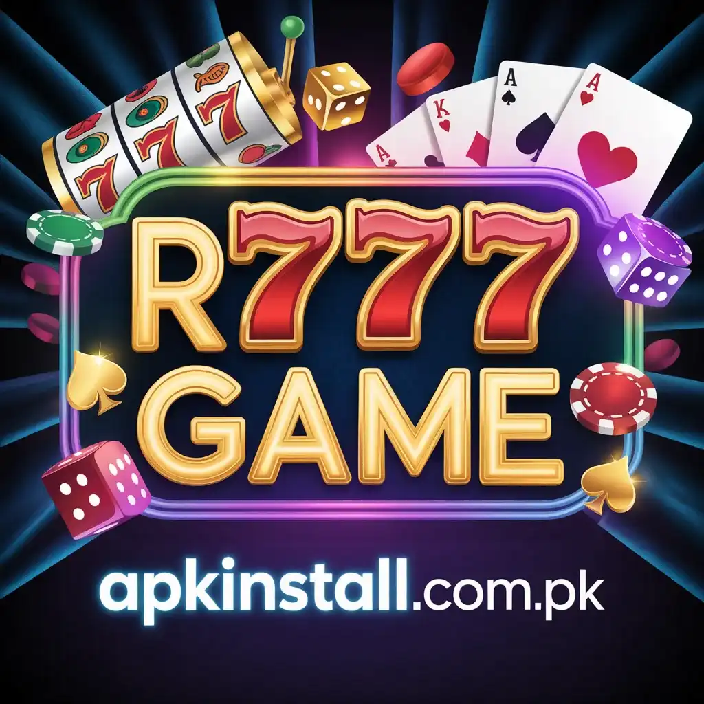 R777 GAME official brand banner featuring neon text, slot machine reels, playing cards, and dice with the apkinstall link.