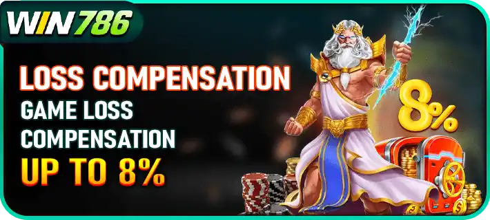 Win786 Game loss compensation bonus screen showing up to 8 percent cashback on losses in earning game app