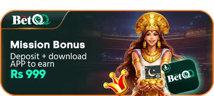 BETQ Game mission bonus banner showing Rs 999 reward offer for deposit and app download with promotional gaming interface