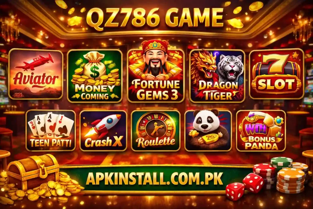 QZ786 Game casino lobby showing Aviator, Money Coming, Fortune Gems 3, Dragon Tiger, Teen Patti and slot games interface