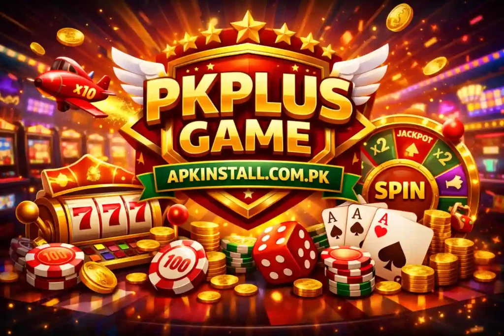 PKPlus Game APK casino interface with slot machine, cards, spin wheel and earning features in Pakistan