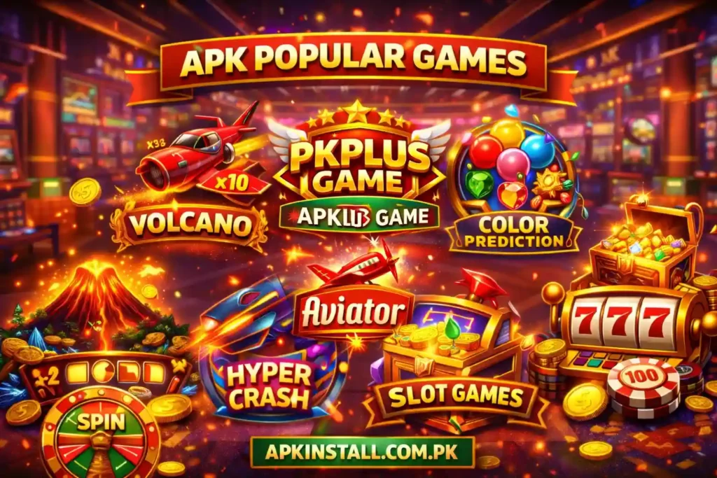 PKPlus Game APK popular games lobby featuring Aviator, Volcano, Color Prediction, Hyper Crash and Slot Games in Pakistan