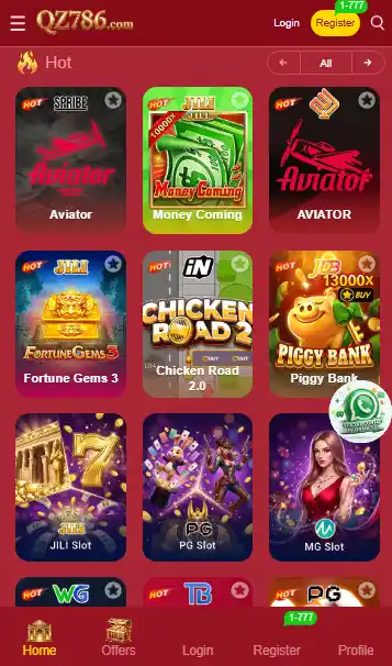 QZ786 Game hot lobby screen showing Aviator, Money Coming, Fortune Gems 3, Chicken Road 2.0, Piggy Bank and slot games