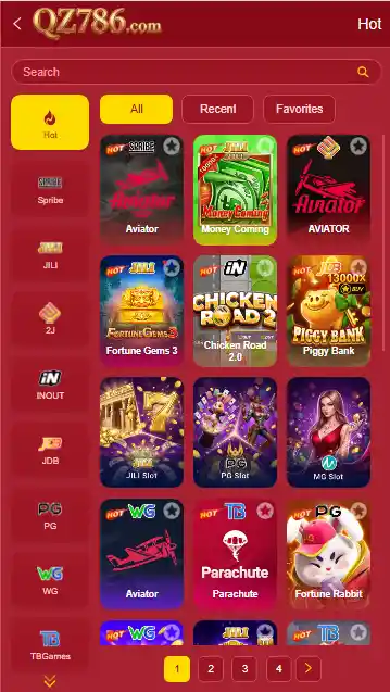 QZ786 Game lobby showing Aviator, Money Coming, Fortune Gems 3, Chicken Road, Piggy Bank and slot games interface