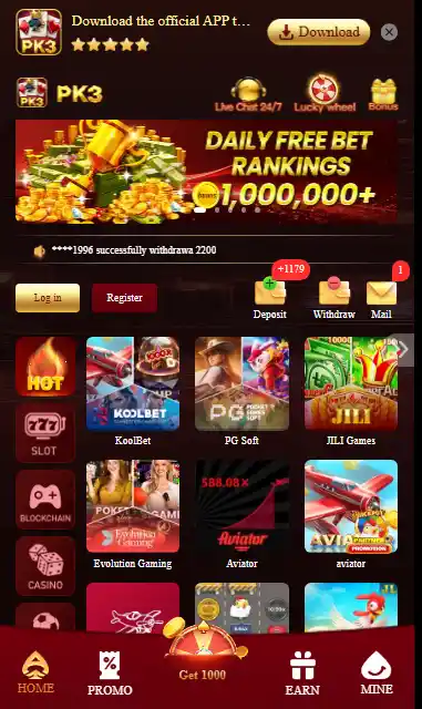 PK3 Game app dashboard showing daily free bet rankings games list and earning options in Pakistan
