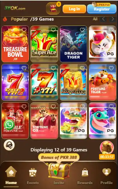 3YOK Game app interface showing slot games, dashboard, bonus rewards and casino-style gameplay on mobile