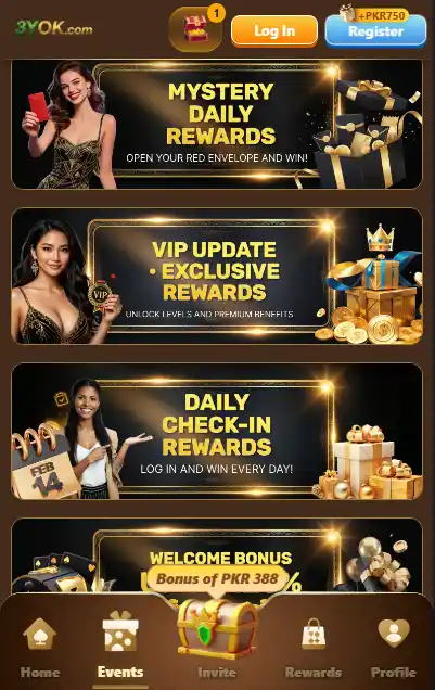 3YOK Game rewards screen showing mystery daily rewards, VIP exclusive bonuses, daily check-in and welcome bonus offers
