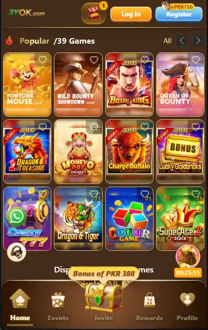 3YOK app slot games dashboard showing popular casino games like dragon treasure, color game, bonus games and mobile interface