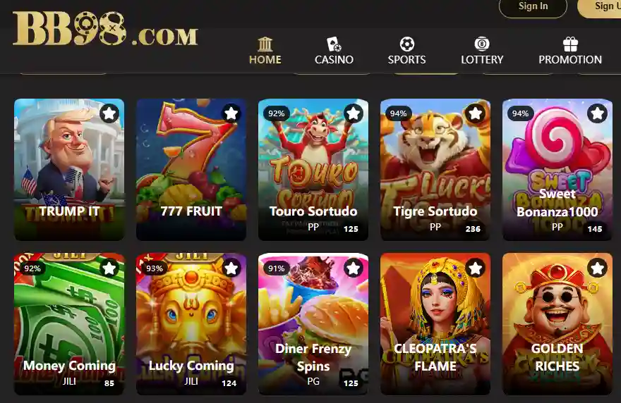 BB98 Game casino slots interface showing real money games and bonus features