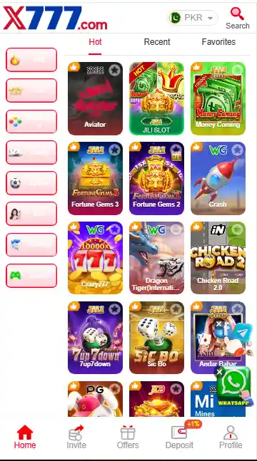 X777 game app interface showing casino games like slots, Aviator, Teen Patti and earning dashboard in Pakistan