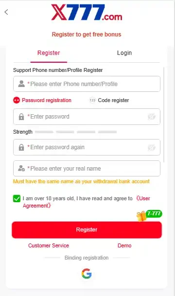 X777 game register and login screen showing account signup form with phone number and password fields