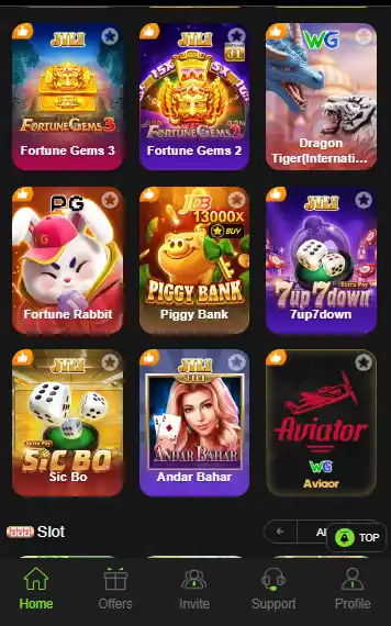 PK Easy Game dashboard showing earning games like Aviator Fortune Gems Piggy Bank and Andar Bahar