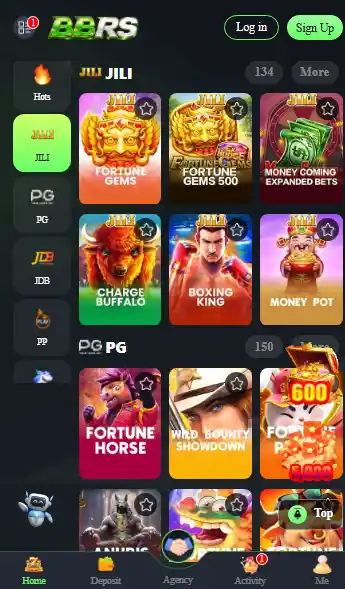 BBRS Game app games list showing slot games and mobile dashboard interface