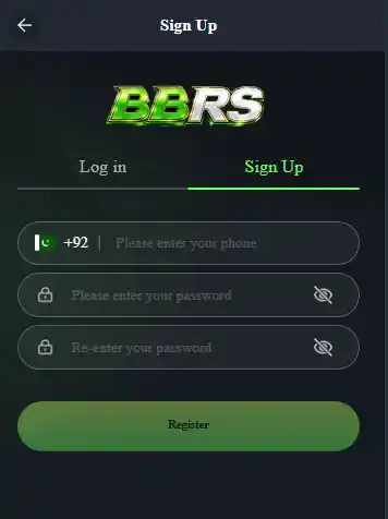 BBRS Game registration page showing signup and login interface on mobile app