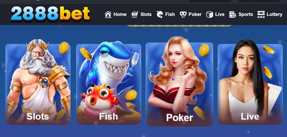 2888Bet Game interface showing slots, fish, poker and live casino options on mobile dashboard