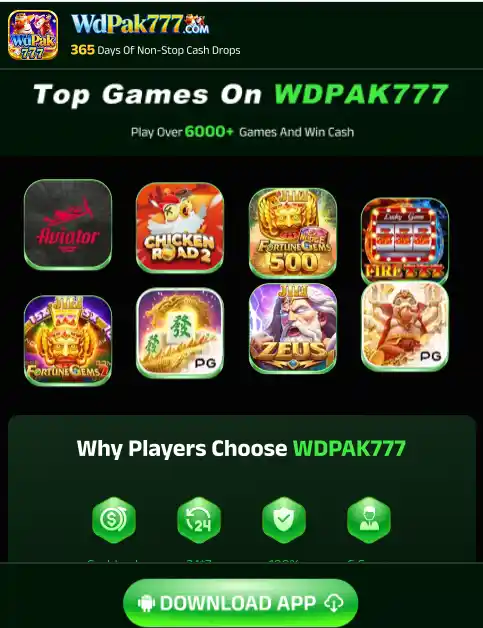 WDPAK777 Game top games interface showing Aviator, slots, and download app option