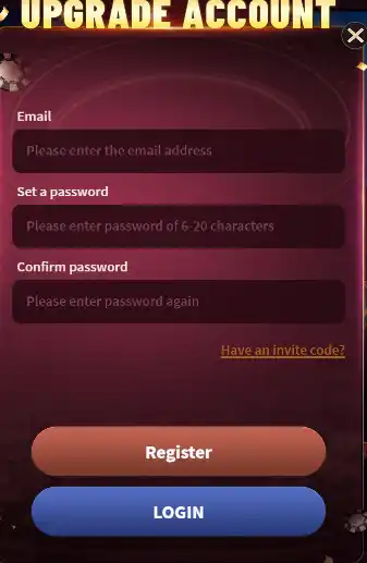 WDPAK777 Game register and login screen showing account signup form with email and password fields
