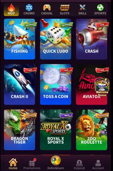 WDPAK777 Game dashboard showing game categories like Aviator Quick Ludo Fishing and Crash