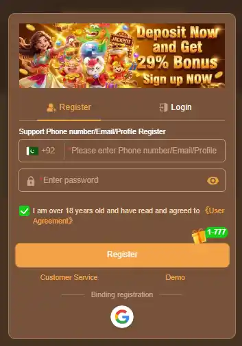 PKR656 Game register and login page with deposit bonus offer and mobile number signup Pakistan
