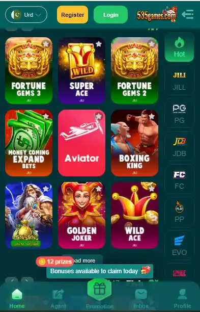 535 Game app interface screenshot showing slots games dashboard Pakistan earning app