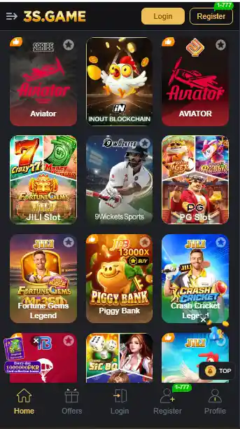 S3 Game APK interface showing earning games dashboard with slots, aviator and real money gaming options in Pakistan