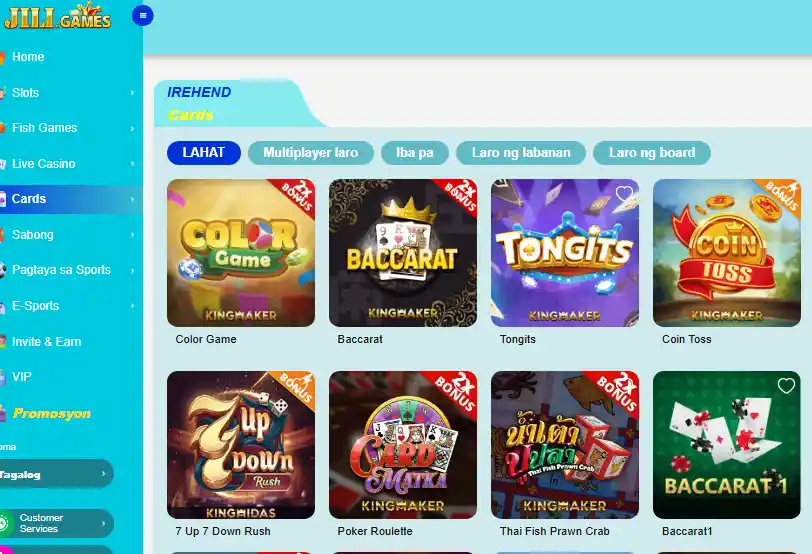 JILI Game card games interface showing baccarat tongits and poker games in user experience review