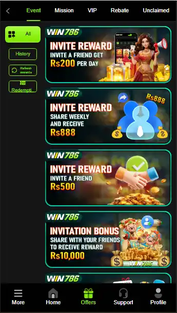 Win786 Game invite reward and referral bonus screen showing daily earning offers and friend invitation rewards