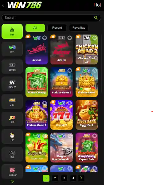 Win786 Game app interface showing slot games, prediction games and multiple earning game options dashboard on Android