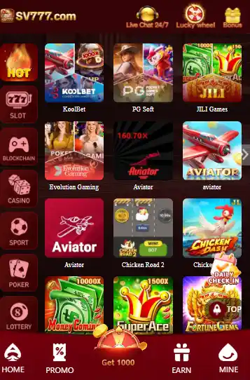 SV777 Game app interface showing Aviator, Money Coming, Fortune Gems and casino games list