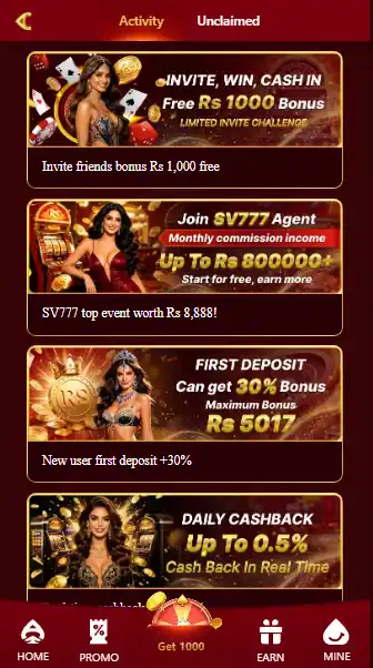 SV777 Game bonuses showing invite bonus, first deposit offer, daily cashback and earning rewards
