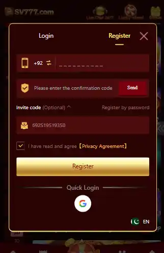 SV777 register and login screen showing signup form with phone number verification and password setup
